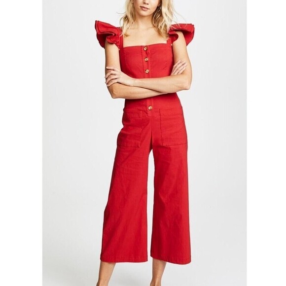 SEA NY Linen Callie Wide Leg Button Front Ankle Crop Jumpsuit Red Cottagecore 10 - Picture 1 of 11